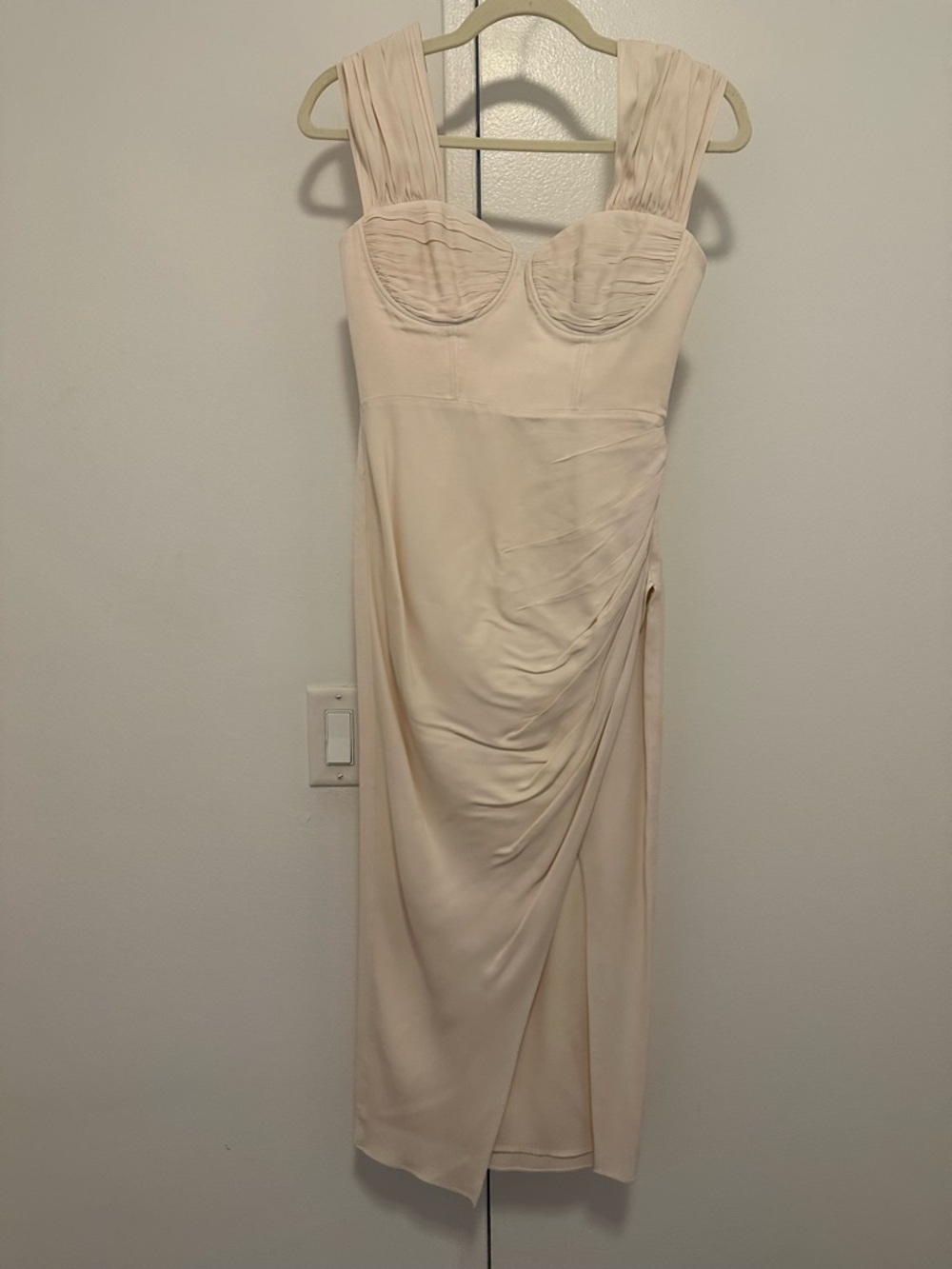 Self-Portrait Cream Ruched Midi Dress with Structured Bust